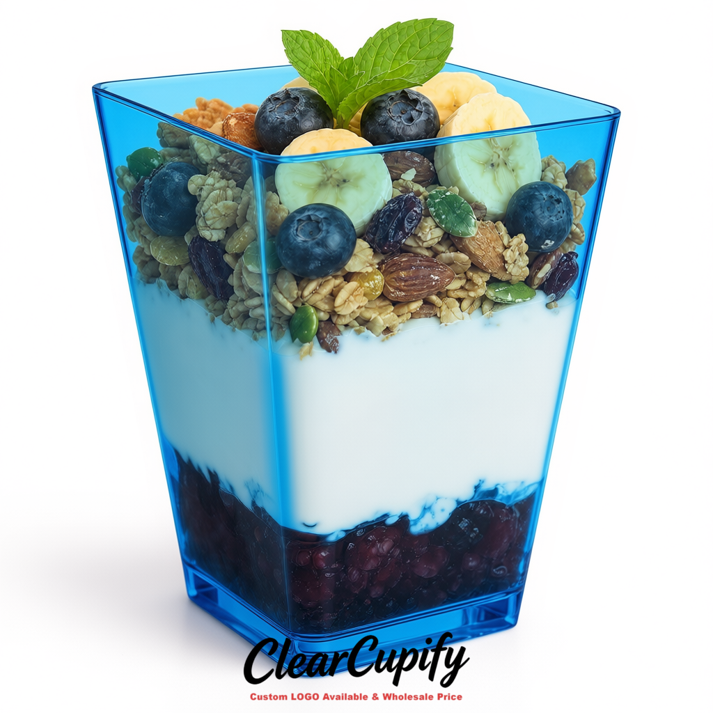 Wholesale Blue 5 oz Square Clear Plastic Dessert Cups with Spoons for Appetizers, Puddings, Mousse, Parfait