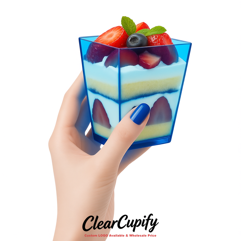 Wholesale Blue 5 oz Square Clear Plastic Dessert Cups with Spoons for Appetizers, Puddings, Mousse, Parfait