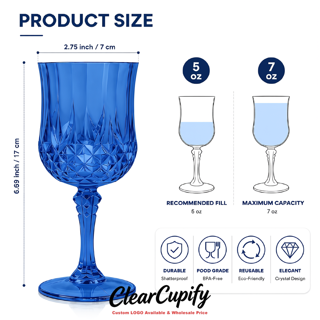 Blue 7oz Acrylic Plastic Wine Goblets - 2.7 x 6.7 inches Party & Wedding Wine Glasses
