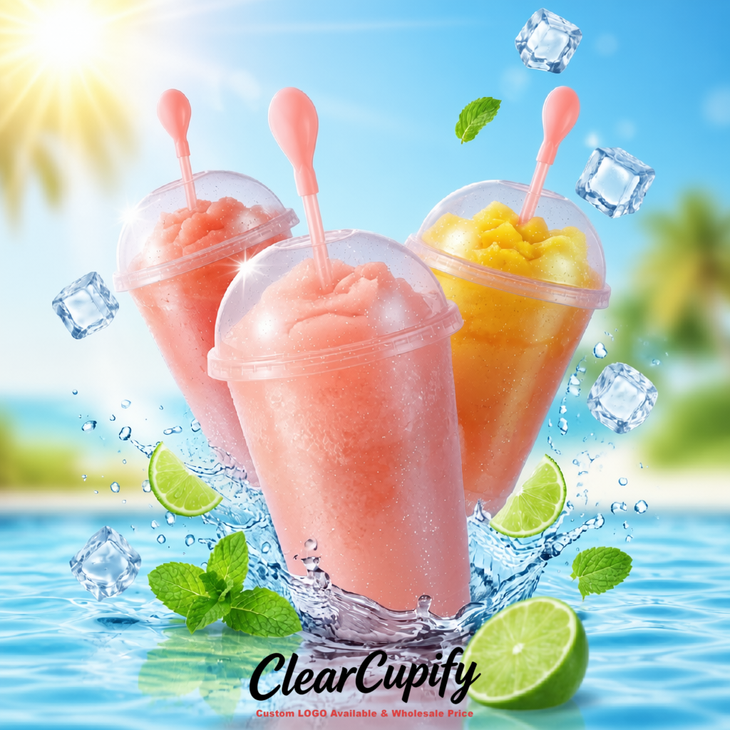 Blush 16 oz Plastic Slushie Cups with Dome Lid & Detachable Spoon Straws for Milkshake, Boba, Smoothies, Iced Coffee