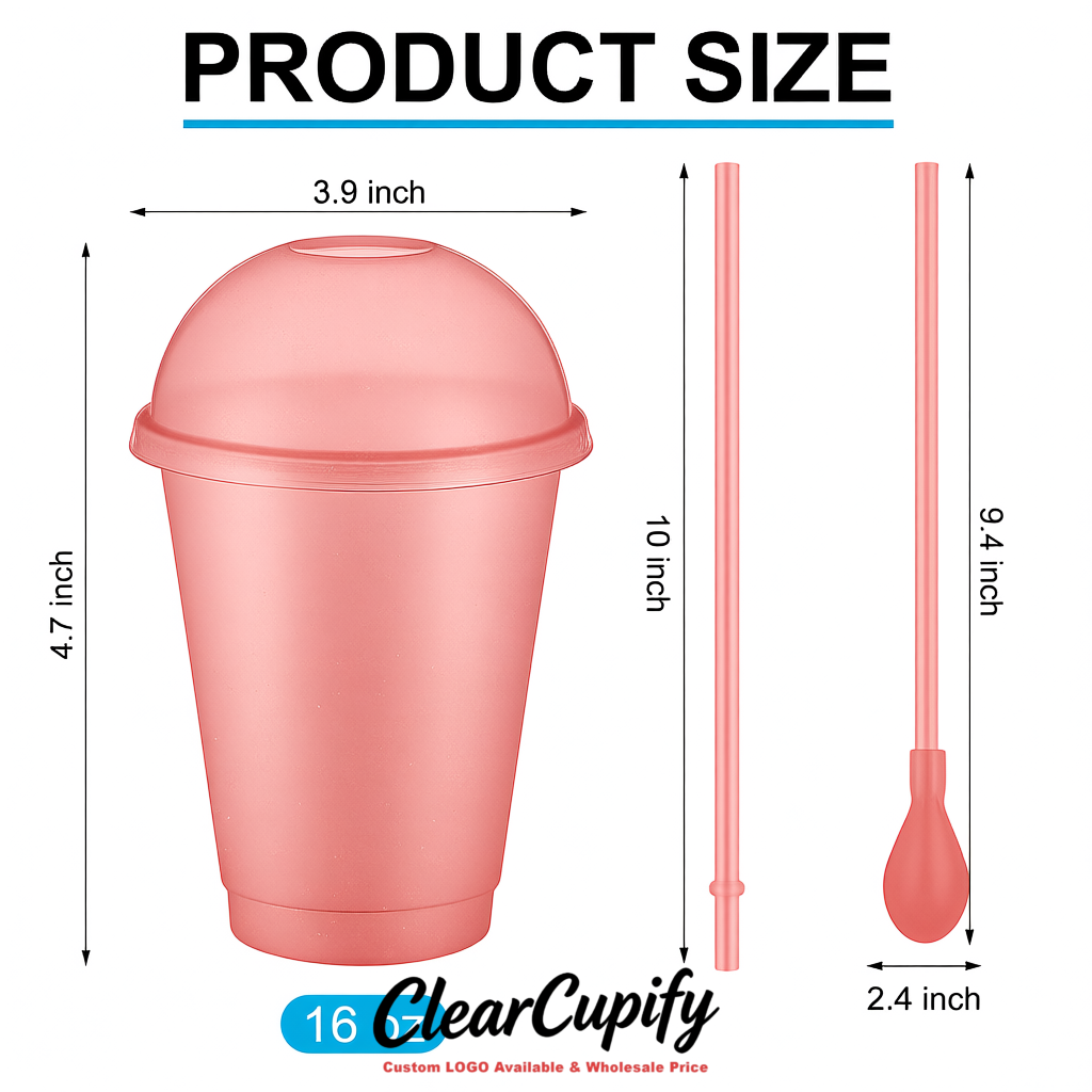 Blush 16 oz Plastic Slushie Cups with Dome Lid & Detachable Spoon Straws for Milkshake, Boba, Smoothies, Iced Coffee