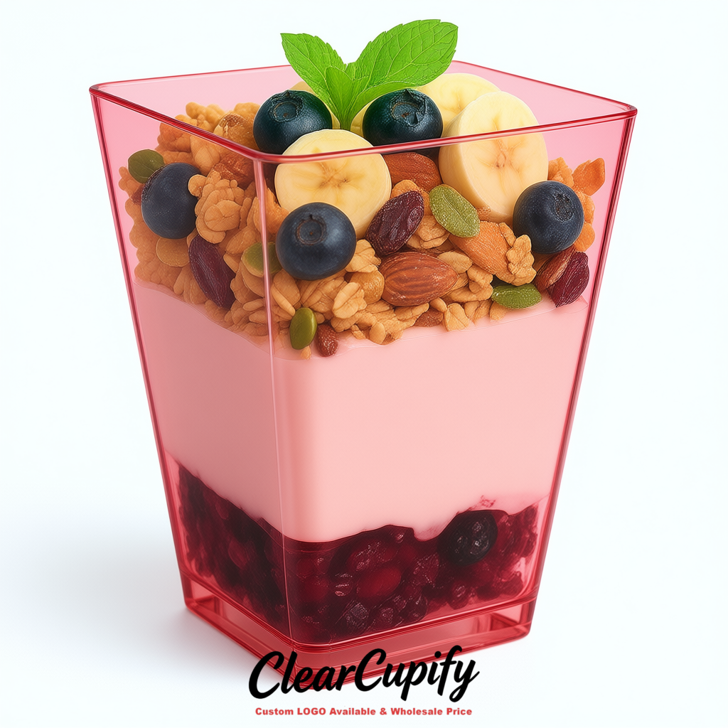 Wholesale Blush 5 oz Square Clear Plastic Dessert Cups with Spoons for Appetizers, Puddings, Mousse, Parfait