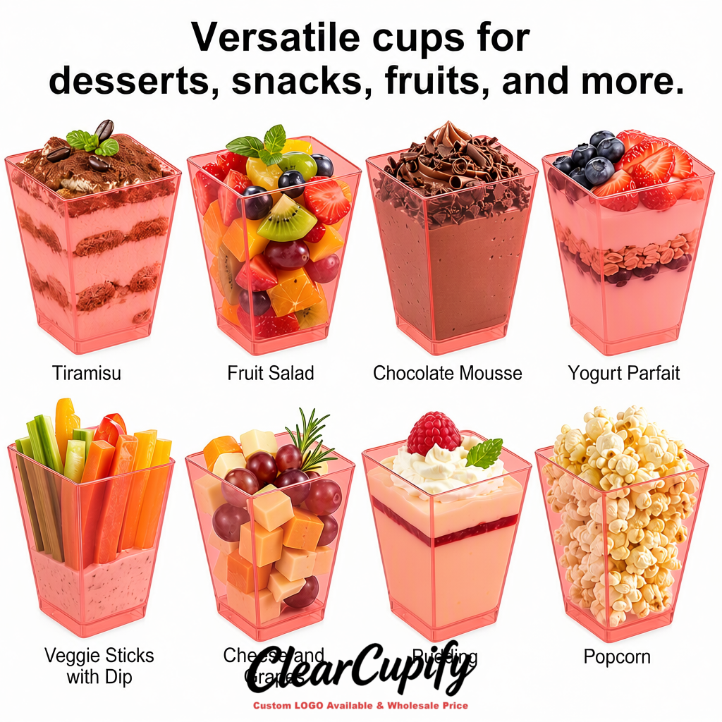 Wholesale Blush 5 oz Square Clear Plastic Dessert Cups with Spoons for Appetizers, Puddings, Mousse, Parfait