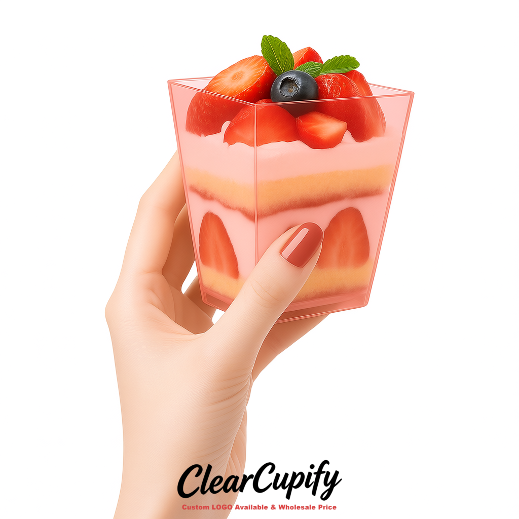 Wholesale Blush 5 oz Square Clear Plastic Dessert Cups with Spoons for Appetizers, Puddings, Mousse, Parfait