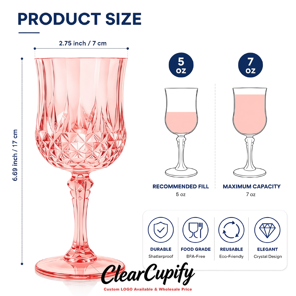 Blush 7oz Acrylic Plastic Wine Goblets - 2.7 x 6.7 inches Party & Wedding Wine Glasses