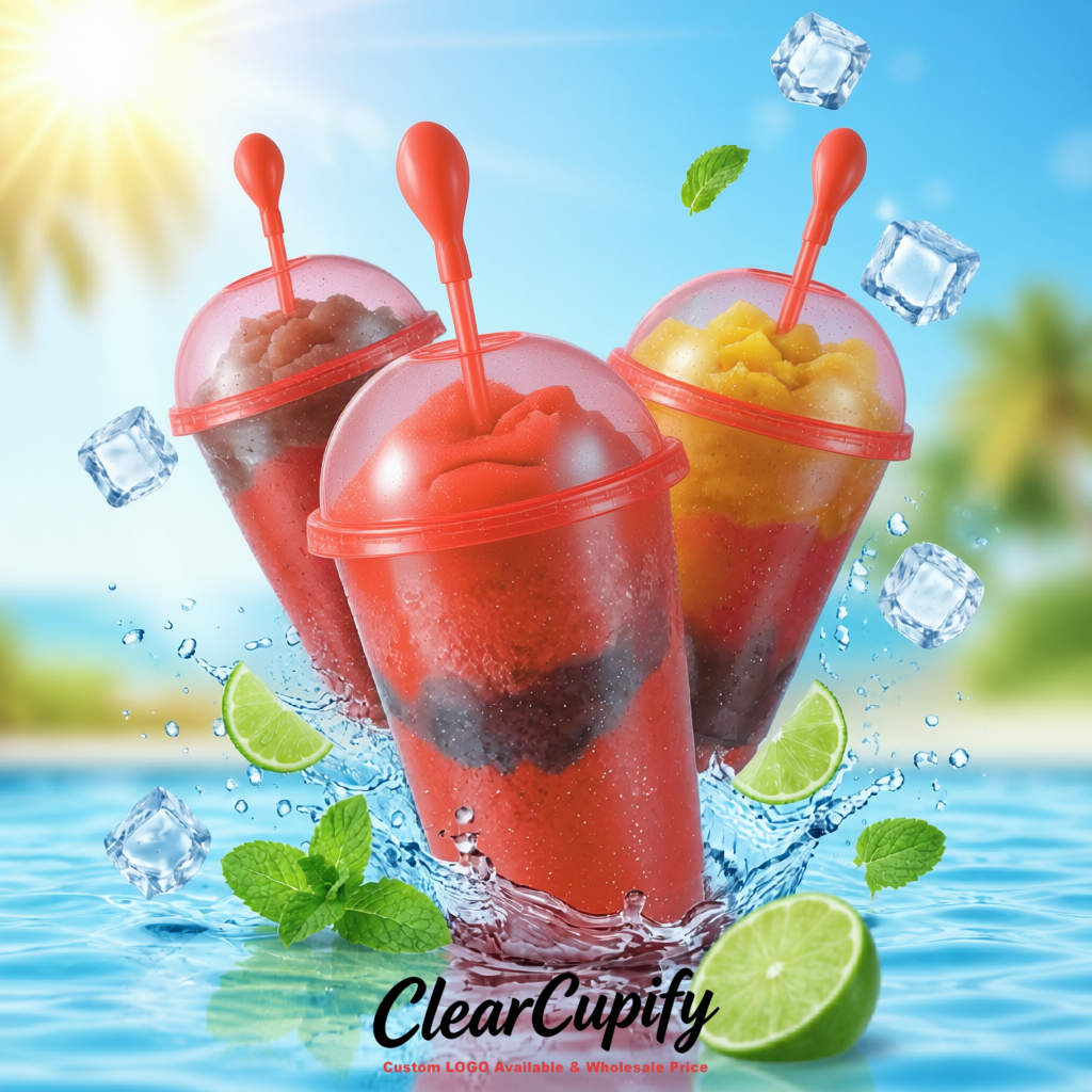 Brick Red 16 oz Plastic Slushie Cups with Dome Lid & Detachable Spoon Straws for Milkshake, Boba, Smoothies, Iced Coffee