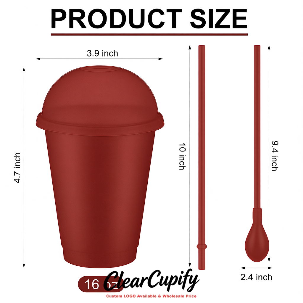 Brick Red 16 oz Plastic Slushie Cups with Dome Lid & Detachable Spoon Straws for Milkshake, Boba, Smoothies, Iced Coffee