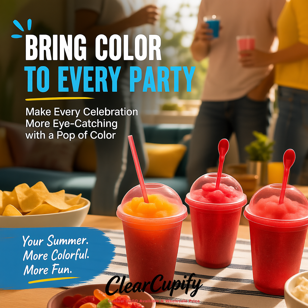 Brick Red 16 oz Plastic Slushie Cups with Dome Lid & Detachable Spoon Straws for Milkshake, Boba, Smoothies, Iced Coffee