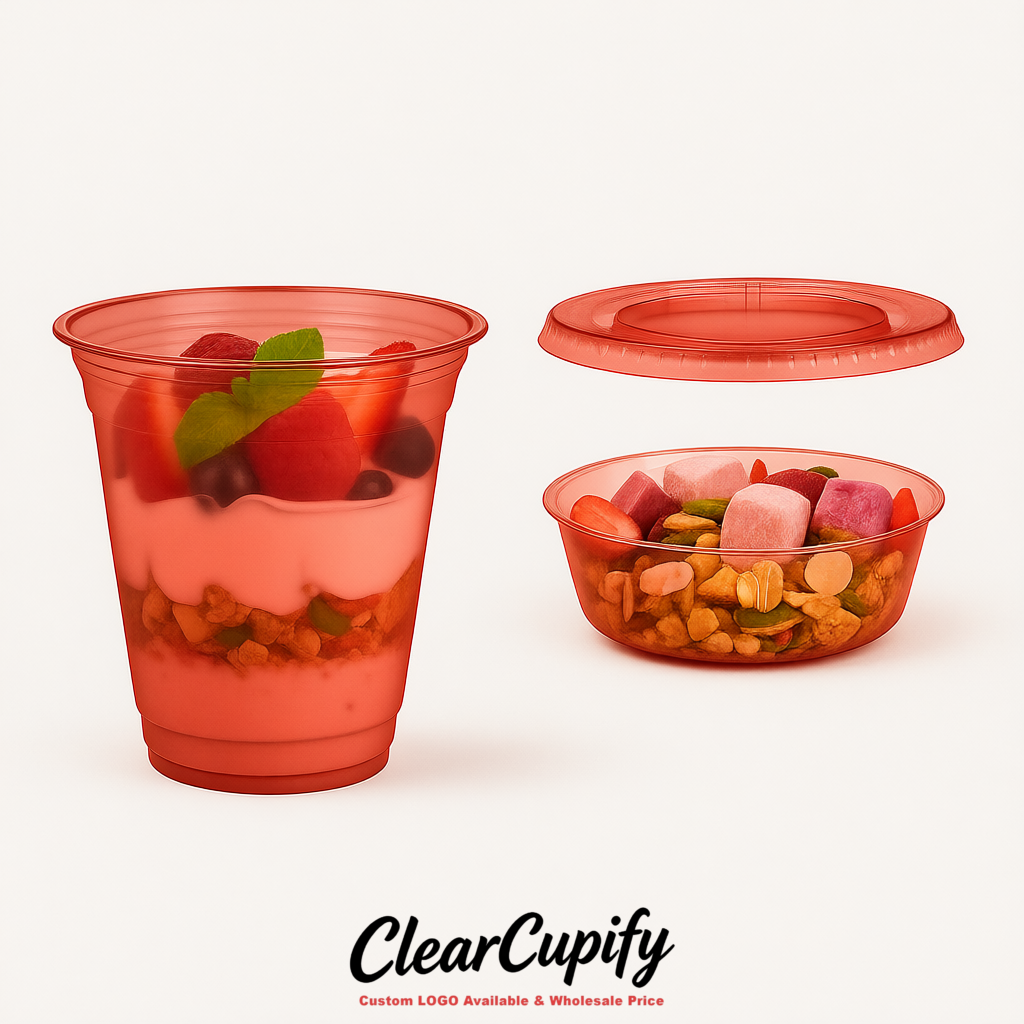Brick Red 12 oz Disposable Plastic Parfait Cups with Insert & Flat lids 3.85 x 2.1 x 4 inches