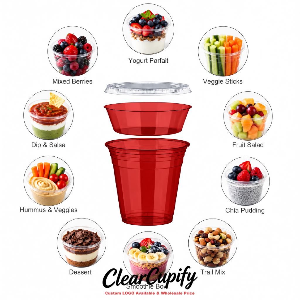 Brick Red 12 oz Disposable Plastic Parfait Cups with Insert & Flat lids 3.85 x 2.1 x 4 inches