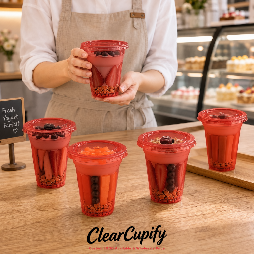 Brick Red 12 oz Disposable Plastic Parfait Cups with Insert & Flat lids 3.85 x 2.1 x 4 inches