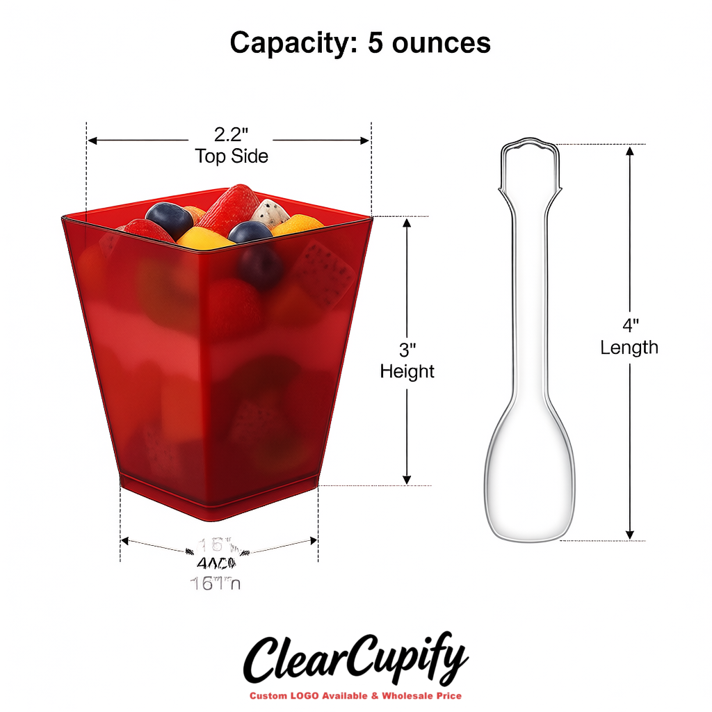 Wholesale Brick Red 5 oz Square Clear Plastic Dessert Cups with Spoons for Appetizers, Puddings, Mousse, Parfait