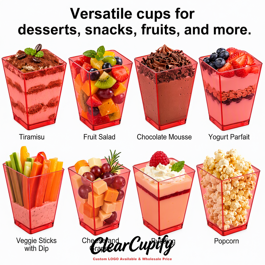 Wholesale Brick Red 5 oz Square Clear Plastic Dessert Cups with Spoons for Appetizers, Puddings, Mousse, Parfait