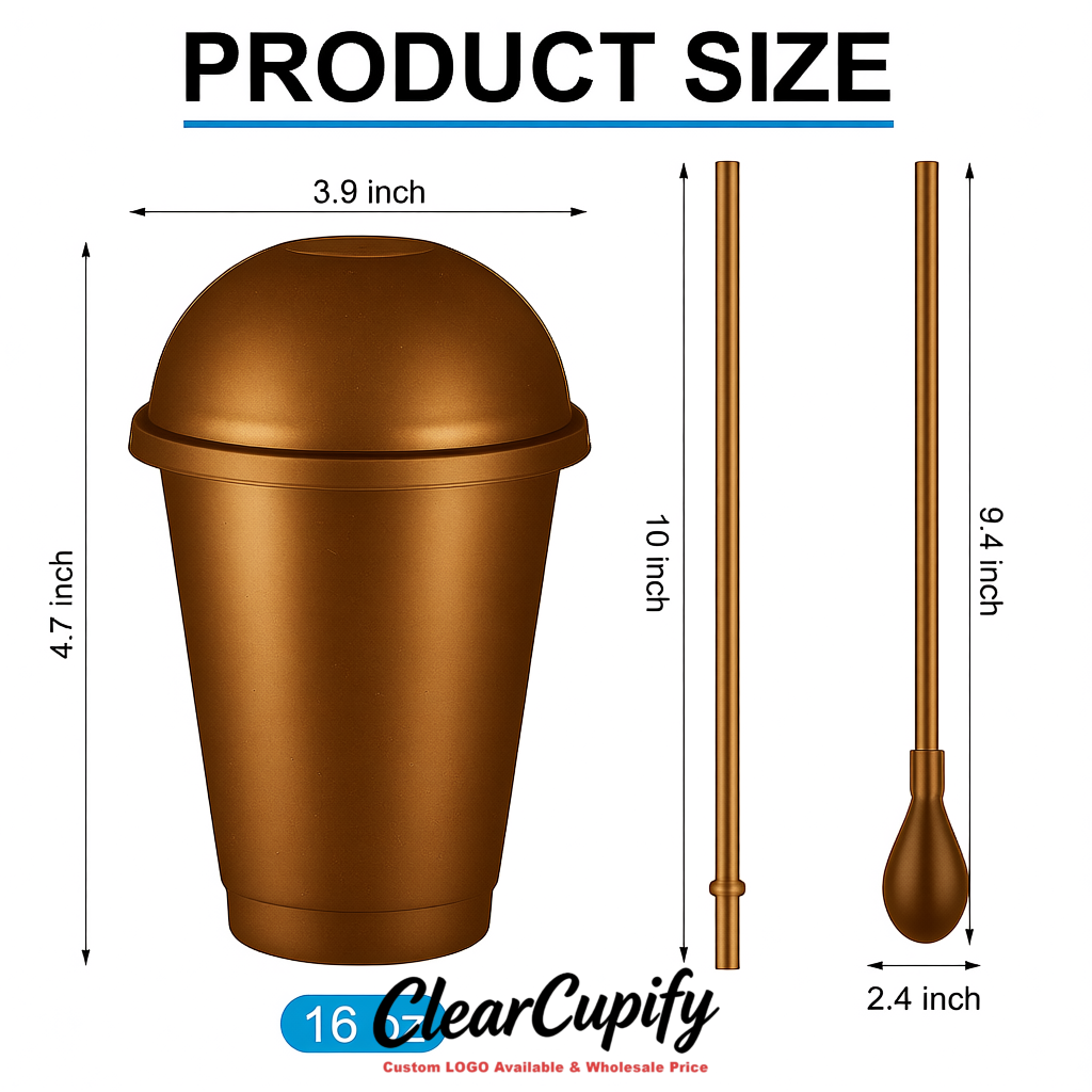 Bronze 16 oz Plastic Slushie Cups with Dome Lid & Detachable Spoon Straws for Milkshake, Boba, Smoothies, Iced Coffee