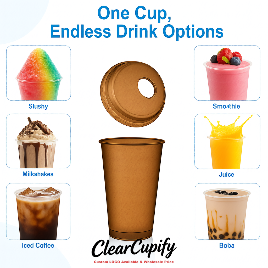 Bronze 16 oz Plastic Slushie Cups with Dome Lid & Detachable Spoon Straws for Milkshake, Boba, Smoothies, Iced Coffee