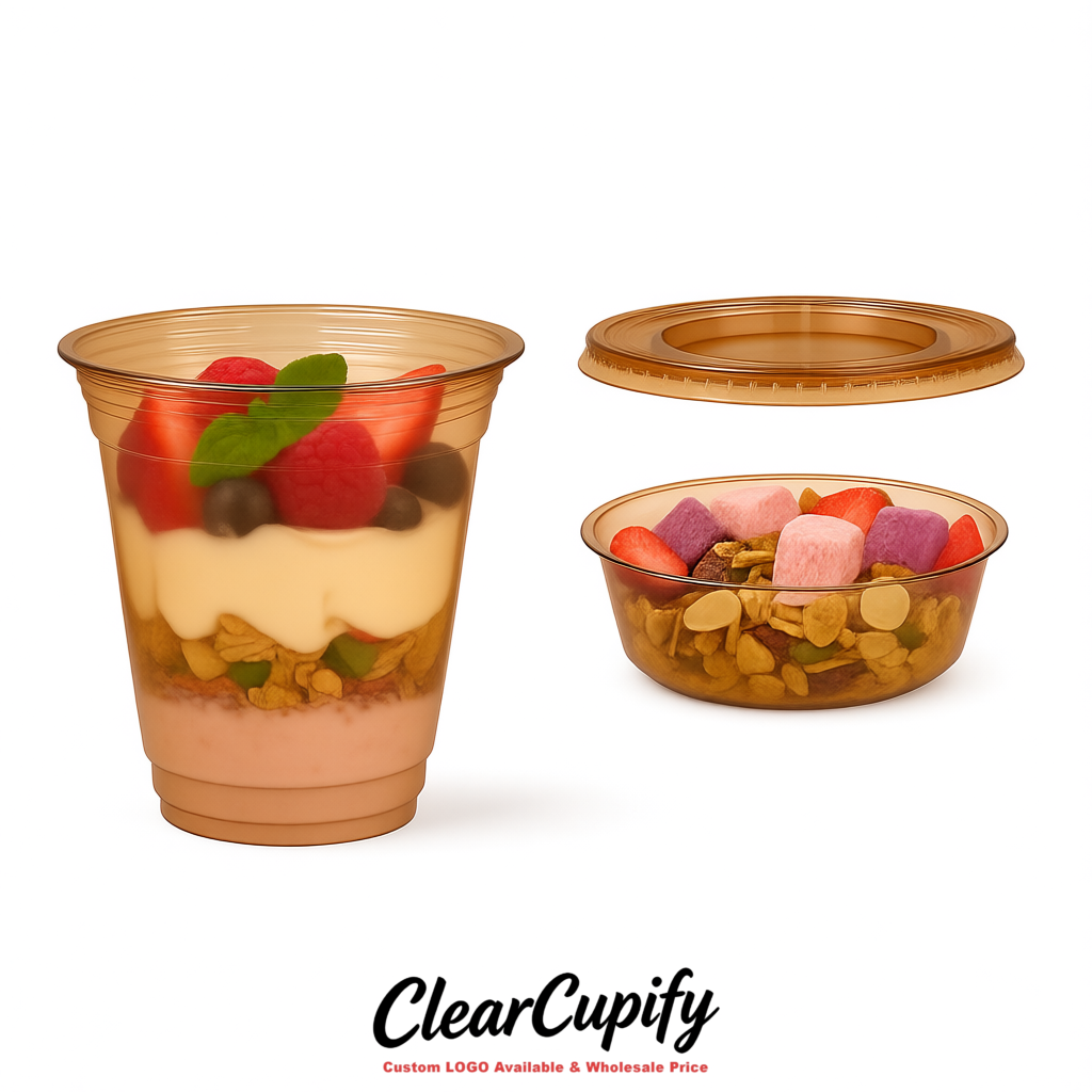 Bronze 12 oz Disposable Plastic Parfait Cups with Insert & Flat lids 3.85 x 2.1 x 4 inches