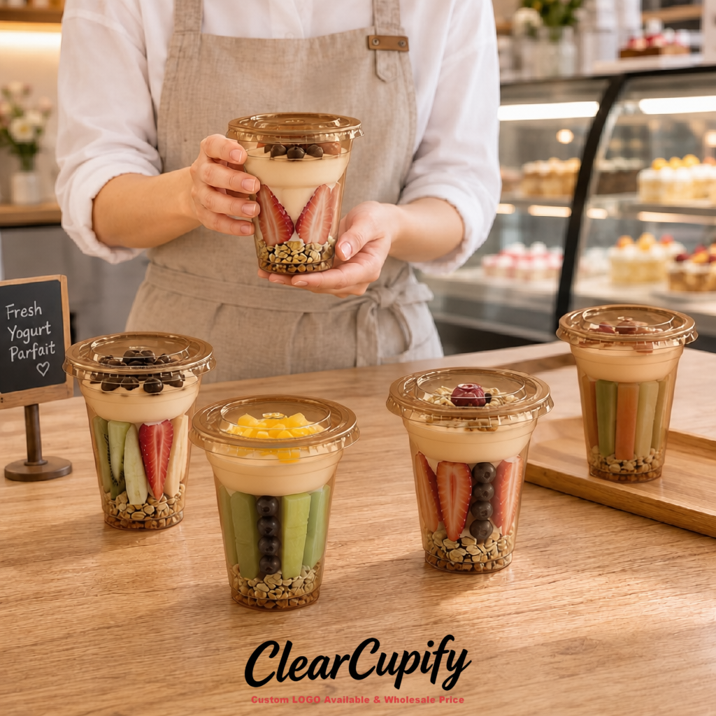 Bronze 12 oz Disposable Plastic Parfait Cups with Insert & Flat lids 3.85 x 2.1 x 4 inches