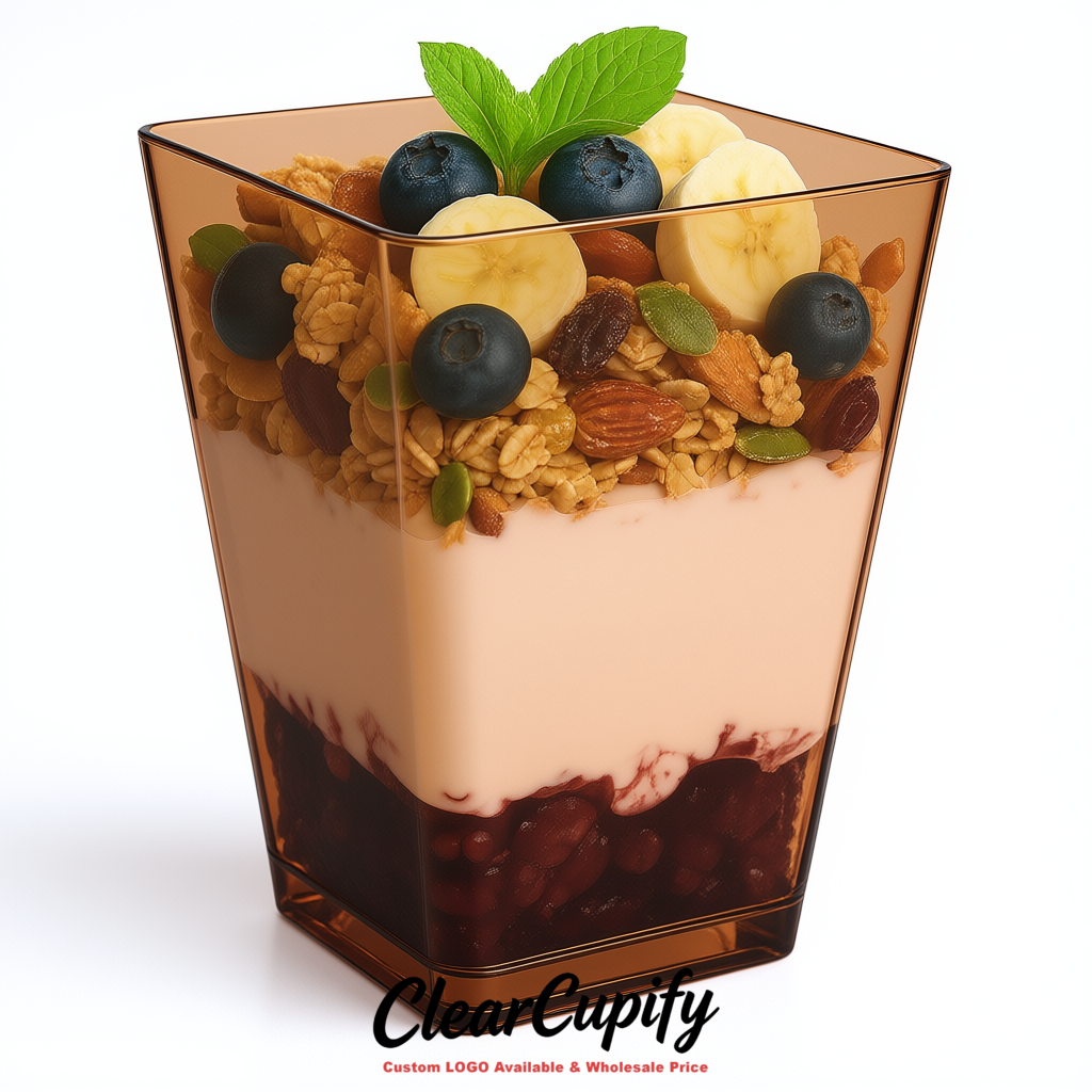Wholesale Bronze 5 oz Square Clear Plastic Dessert Cups with Spoons for Appetizers, Puddings, Mousse, Parfait