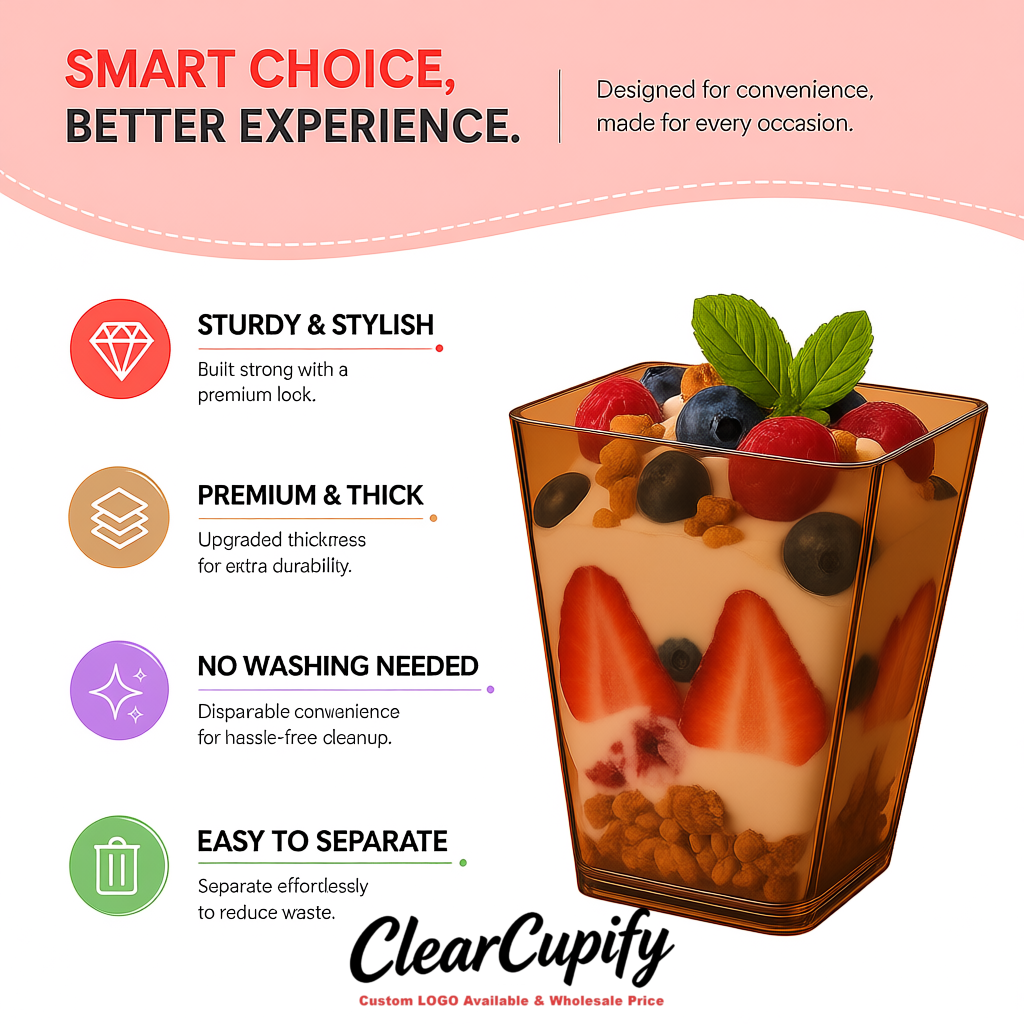 Wholesale Bronze 5 oz Square Clear Plastic Dessert Cups with Spoons for Appetizers, Puddings, Mousse, Parfait