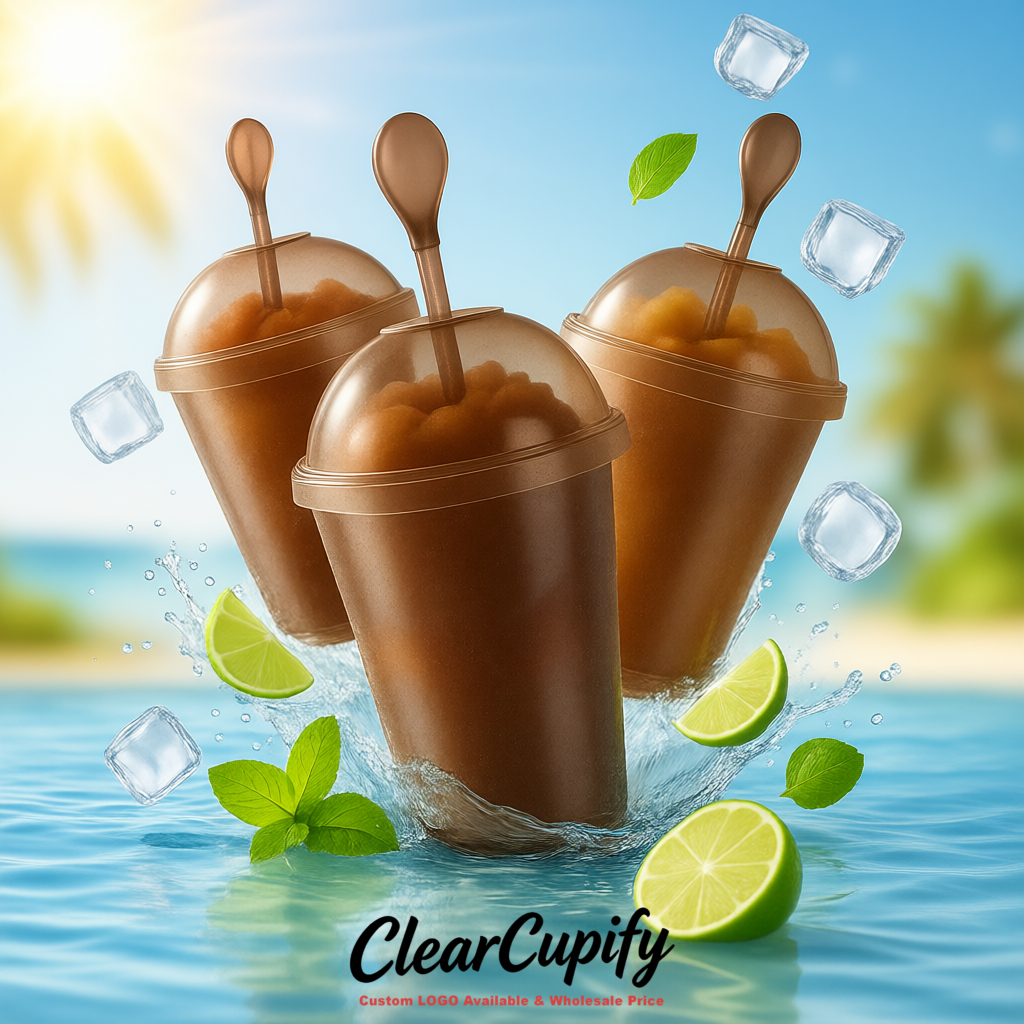 Brown 16 oz Plastic Slushie Cups with Dome Lid & Detachable Spoon Straws for Milkshake, Boba, Smoothies, Iced Coffee