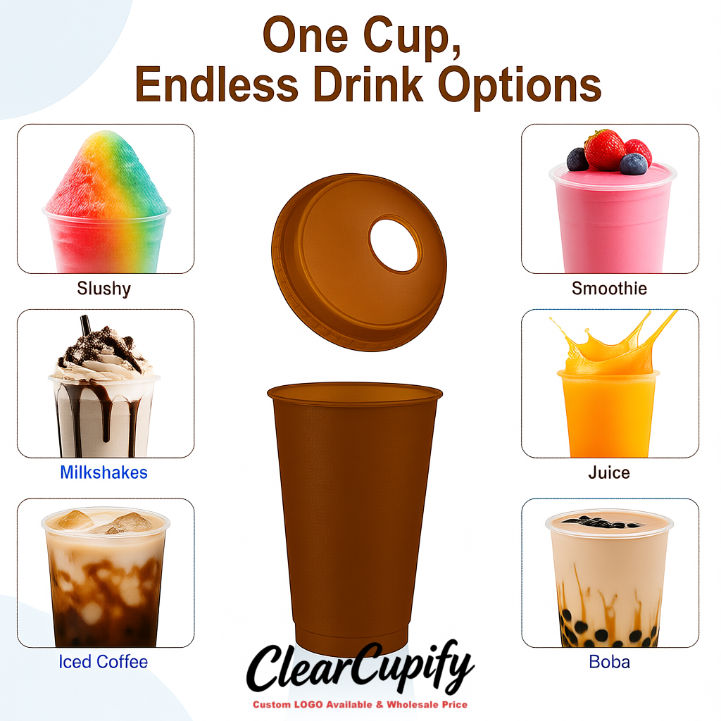Brown 16 oz Plastic Slushie Cups with Dome Lid & Detachable Spoon Straws for Milkshake, Boba, Smoothies, Iced Coffee