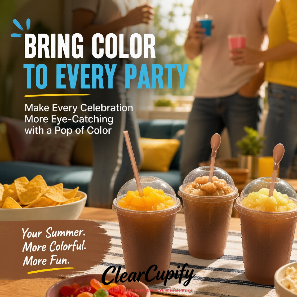 Brown 16 oz Plastic Slushie Cups with Dome Lid & Detachable Spoon Straws for Milkshake, Boba, Smoothies, Iced Coffee
