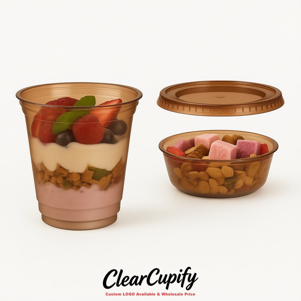 Brown 12 oz Disposable Plastic Parfait Cups with Insert & Flat lids 3.85 x 2.1 x 4 inches