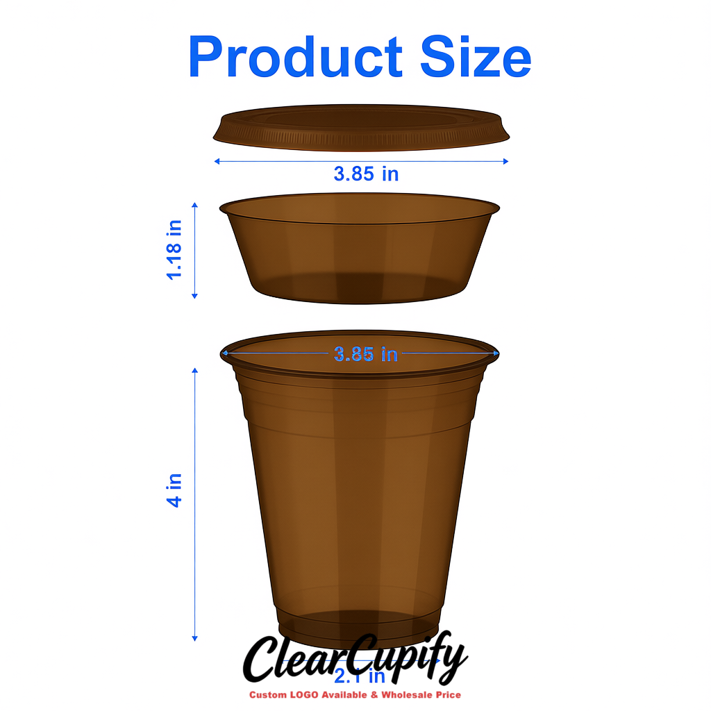 Brown 12 oz Disposable Plastic Parfait Cups with Insert & Flat lids 3.85 x 2.1 x 4 inches Brown 12 oz Disposable Plastic Parfait Cups with Insert & Flat lids 3.85 x 2.1 x 4 inches