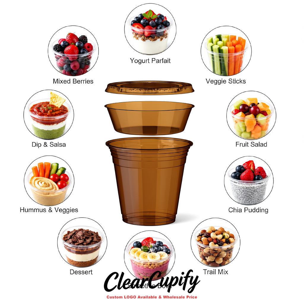 Brown 12 oz Disposable Plastic Parfait Cups with Insert & Flat lids 3.85 x 2.1 x 4 inches