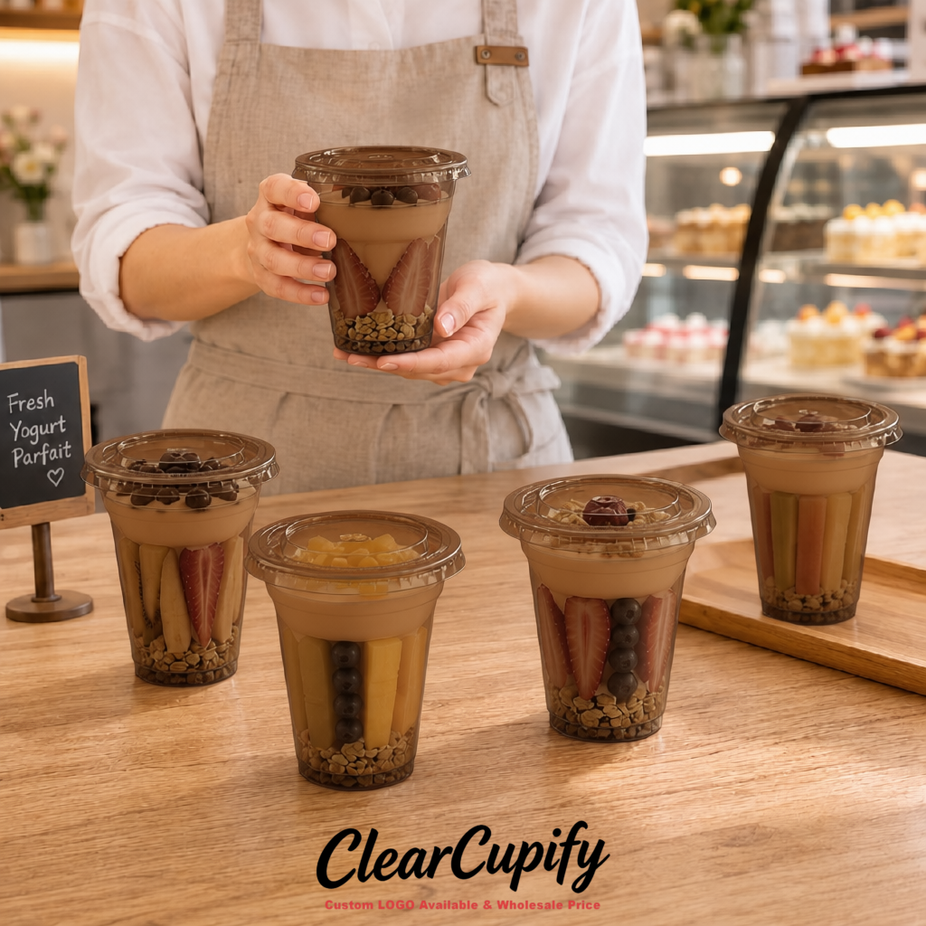 Brown 12 oz Disposable Plastic Parfait Cups with Insert & Flat lids 3.85 x 2.1 x 4 inches