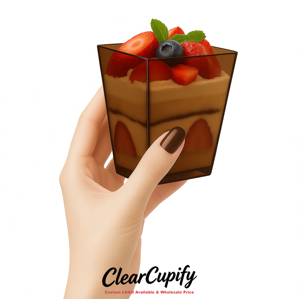 Wholesale Brown 5 oz Square Clear Plastic Dessert Cups with Spoons for Appetizers, Puddings, Mousse, Parfait