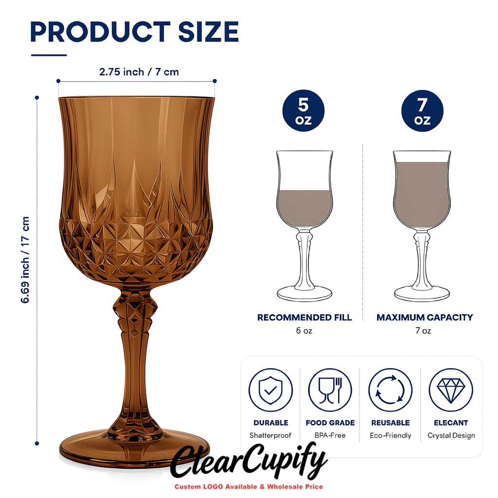 Brown 7oz Acrylic Plastic Wine Goblets - 2.7 x 6.7 inches Party & Wedding Wine Glasses