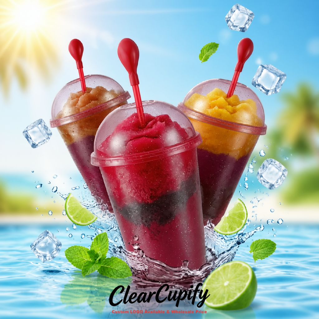 Burgundy 16 oz Plastic Slushie Cups with Dome Lid & Detachable Spoon Straws for Milkshake, Boba, Smoothies, Iced Coffee