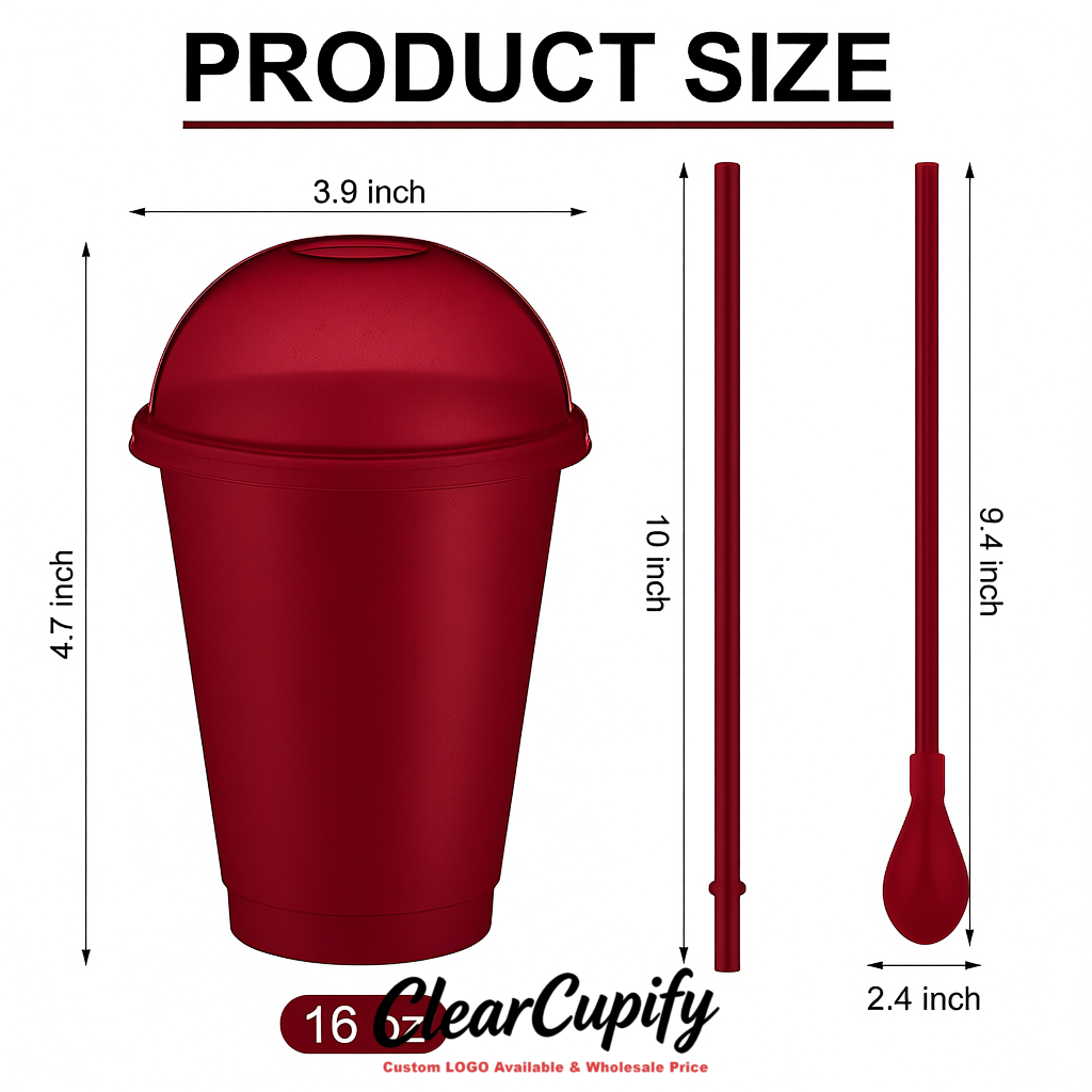 Burgundy 16 oz Plastic Slushie Cups with Dome Lid & Detachable Spoon Straws for Milkshake, Boba, Smoothies, Iced Coffee
