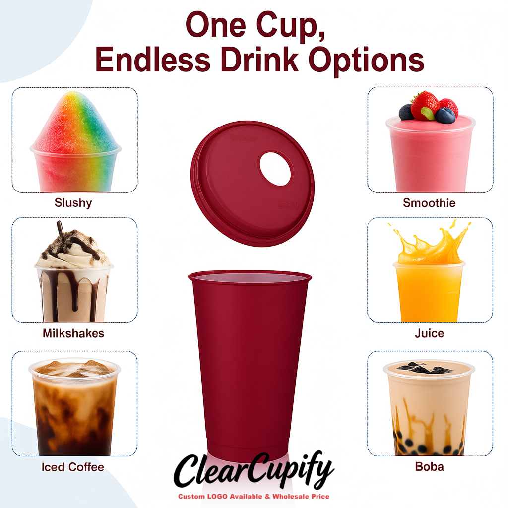 Burgundy 16 oz Plastic Slushie Cups with Dome Lid & Detachable Spoon Straws for Milkshake, Boba, Smoothies, Iced Coffee