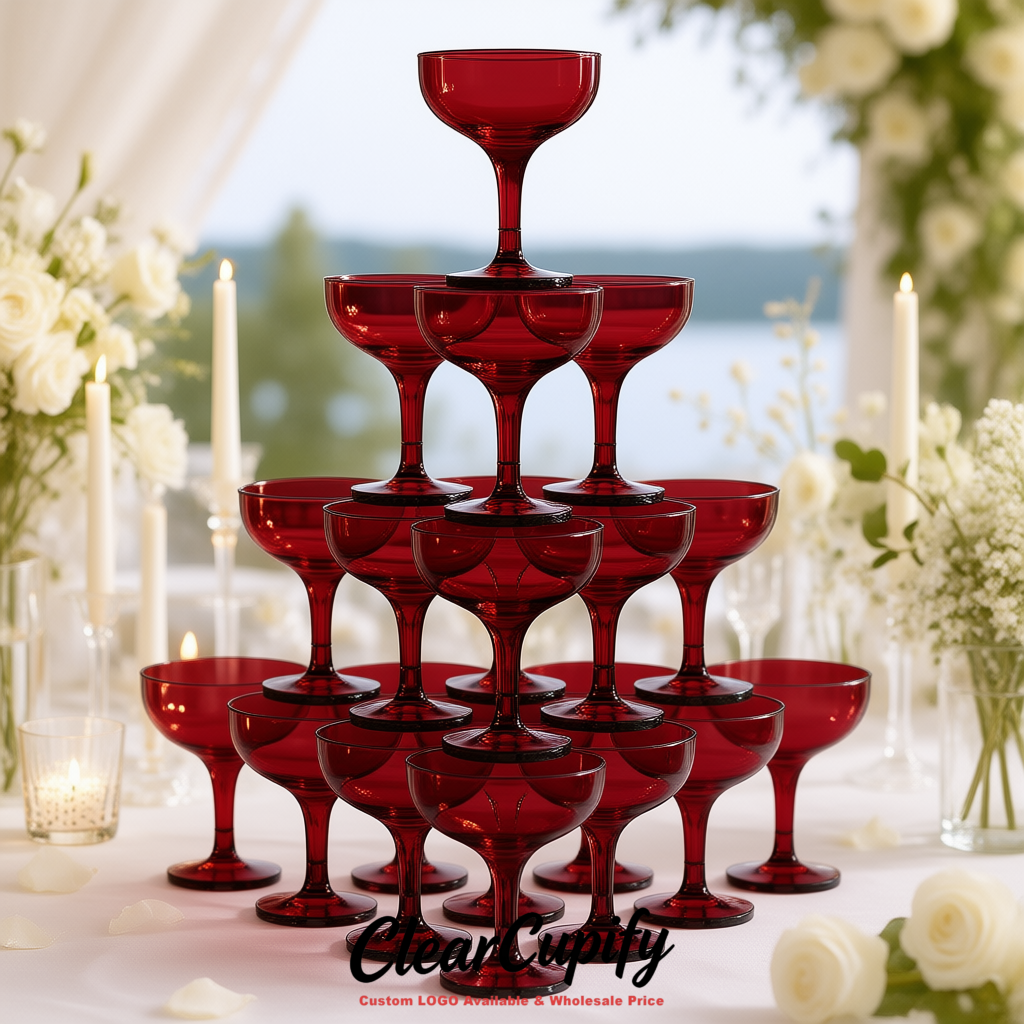 Burgundy 5oz Stackable Plastic Martini Glasses 4.13x3.14 inches/10.5x8 cm For Champagne Tower