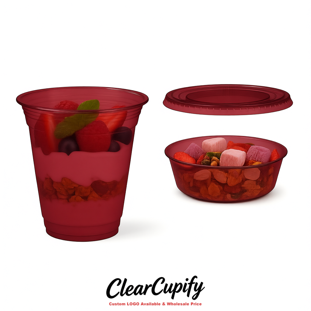 Burgundy 12 oz Disposable Plastic Parfait Cups with Insert & Flat lids 3.85 x 2.1 x 4 inches