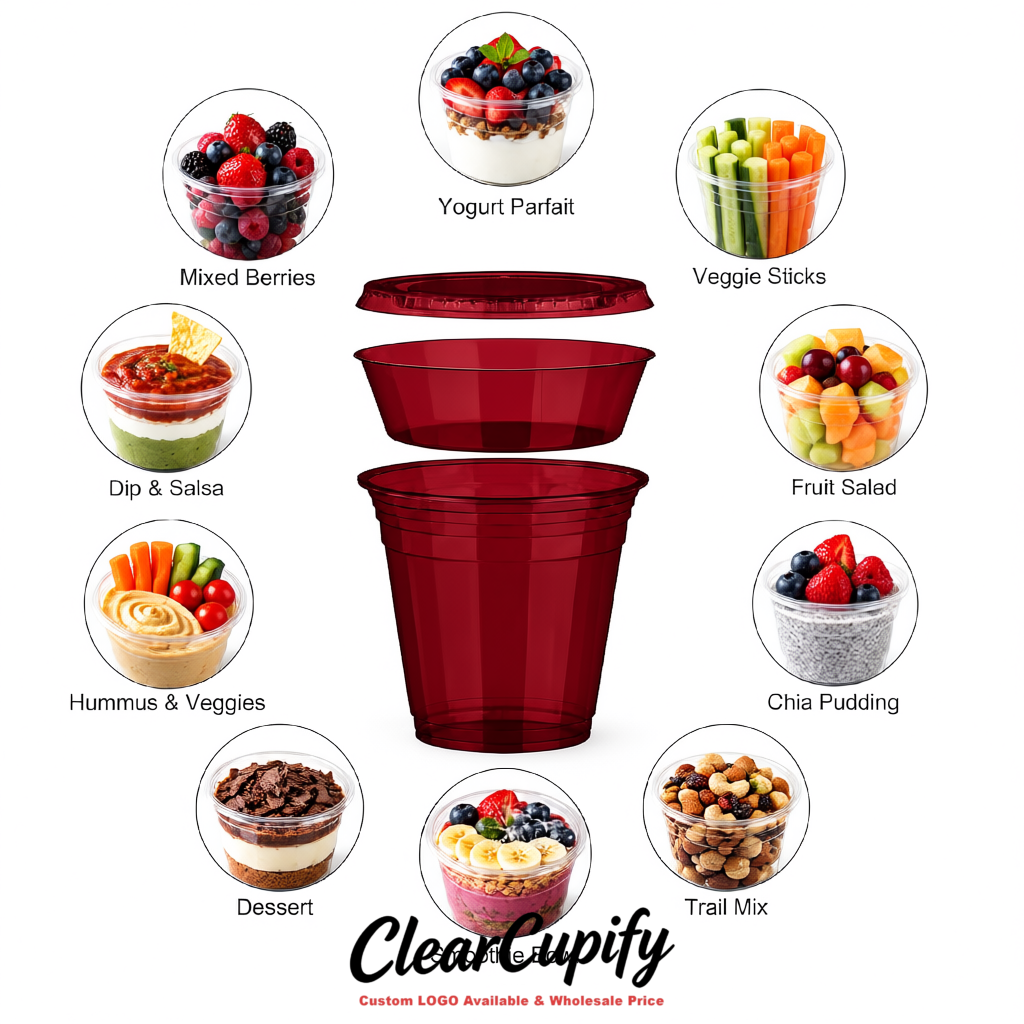Burgundy 12 oz Disposable Plastic Parfait Cups with Insert & Flat lids 3.85 x 2.1 x 4 inches