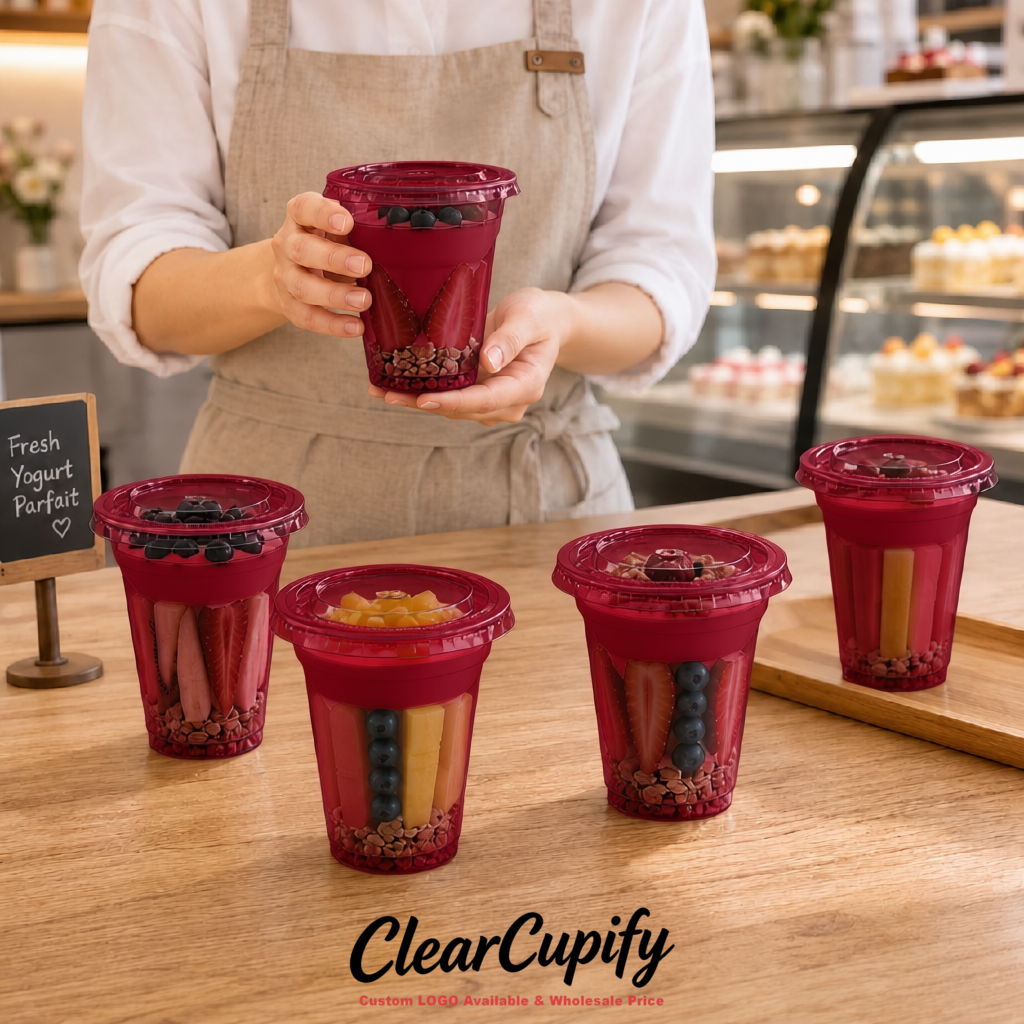 Burgundy 12 oz Disposable Plastic Parfait Cups with Insert & Flat lids 3.85 x 2.1 x 4 inches