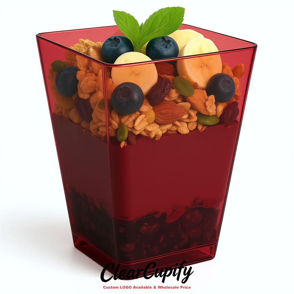 Wholesale Burgundy 5 oz Square Clear Plastic Dessert Cups with Spoons for Appetizers, Puddings, Mousse, Parfait