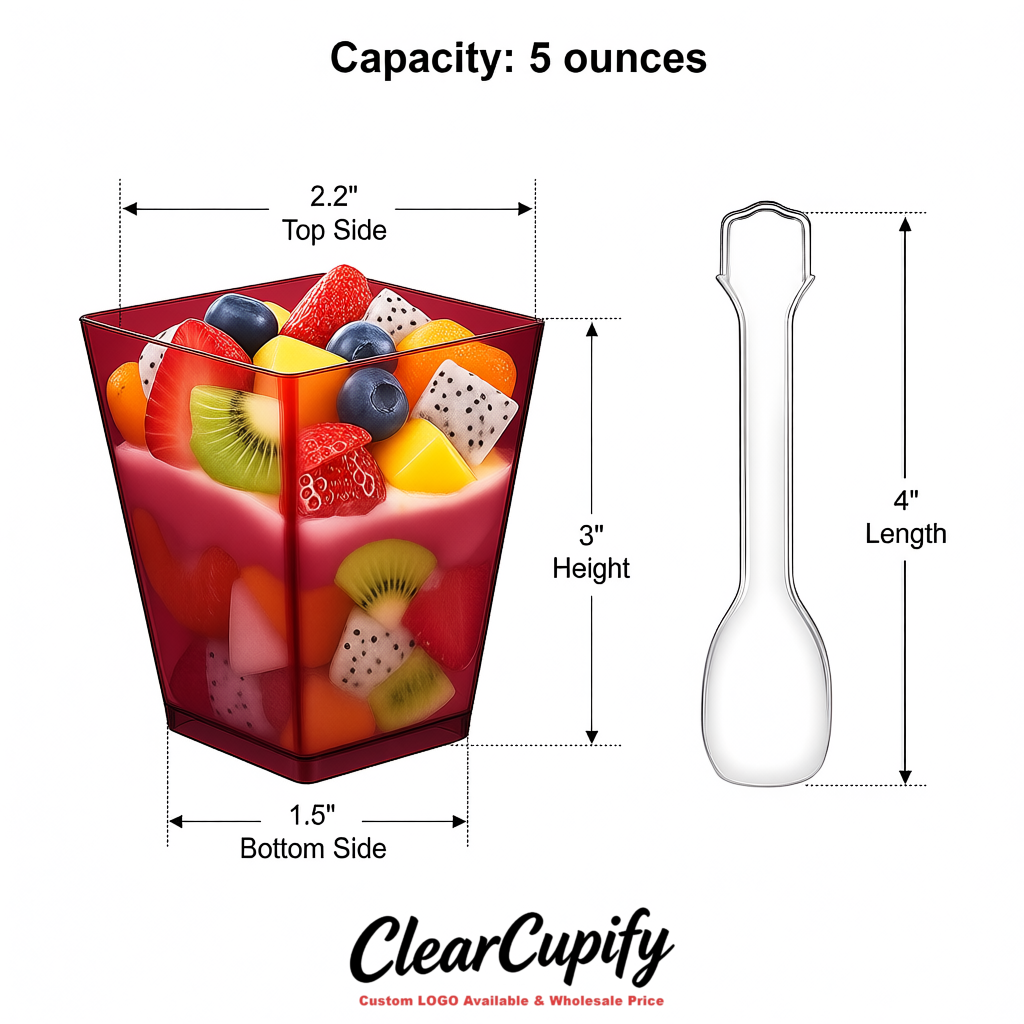 Wholesale Burgundy 5 oz Square Clear Plastic Dessert Cups with Spoons for Appetizers, Puddings, Mousse, Parfait