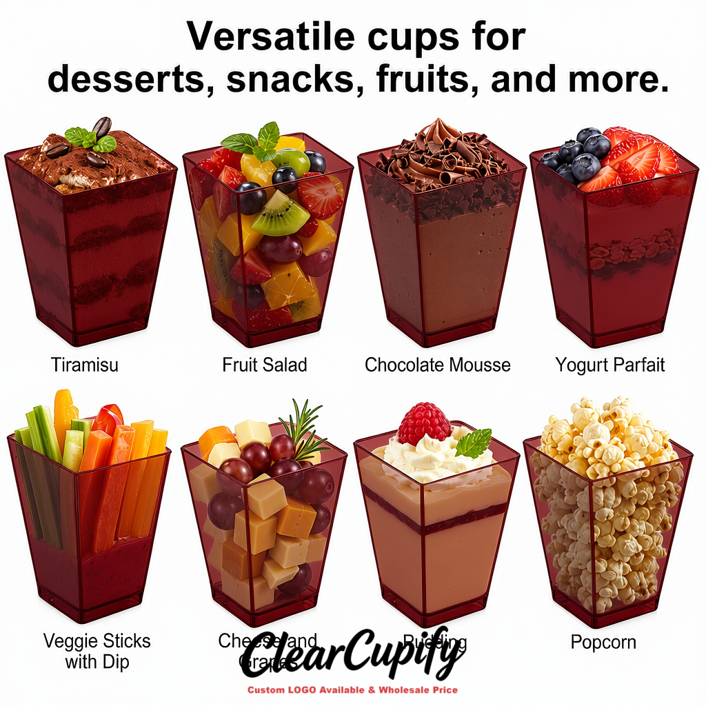 Wholesale Burgundy 5 oz Square Clear Plastic Dessert Cups with Spoons for Appetizers, Puddings, Mousse, Parfait