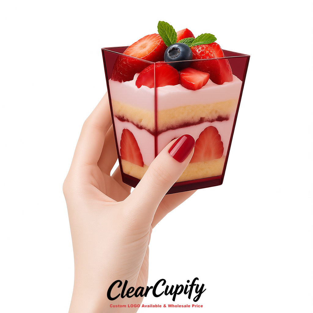 Wholesale Burgundy 5 oz Square Clear Plastic Dessert Cups with Spoons for Appetizers, Puddings, Mousse, Parfait