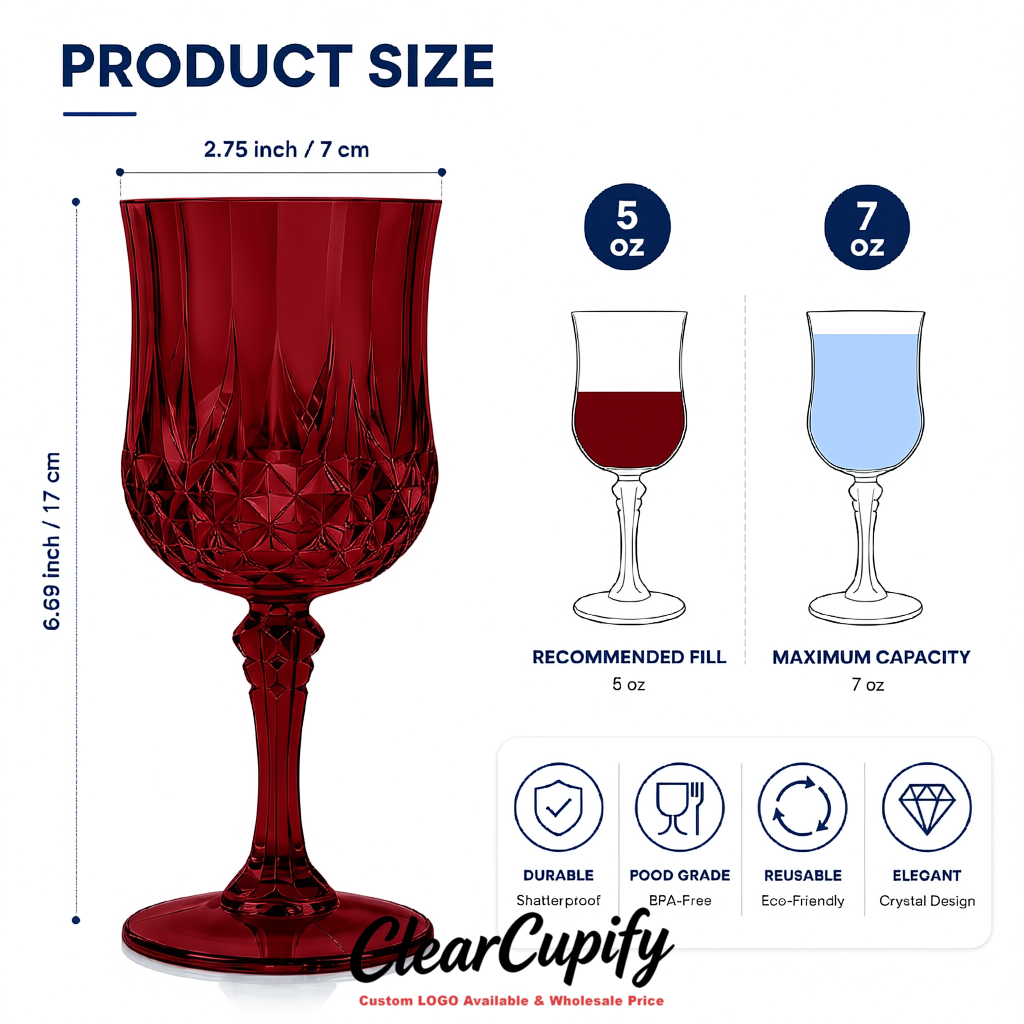 Burgundy 7oz Acrylic Plastic Wine Goblets - 2.7 x 6.7 inches Party & Wedding Wine Glasses