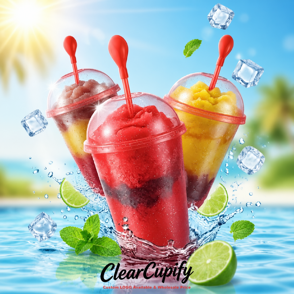 Carmine 16 oz Plastic Slushie Cups with Dome Lid & Detachable Spoon Straws for Milkshake, Boba, Smoothies, Iced Coffee
