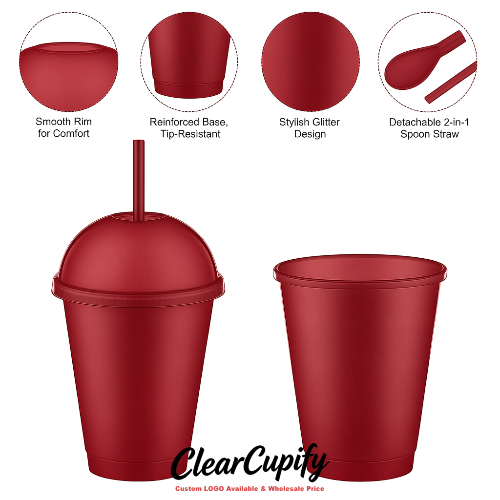 Carmine 16 oz Plastic Slushie Cups with Dome Lid & Detachable Spoon Straws for Milkshake, Boba, Smoothies, Iced Coffee