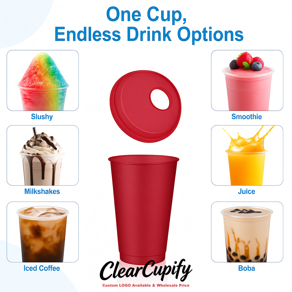 Carmine 16 oz Plastic Slushie Cups with Dome Lid & Detachable Spoon Straws for Milkshake, Boba, Smoothies, Iced Coffee