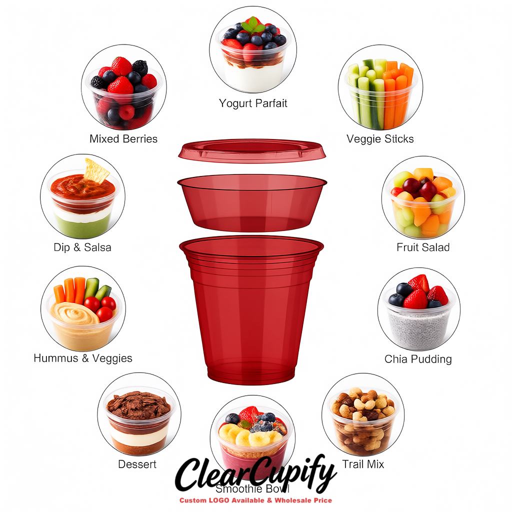 Carmine 12 oz Disposable Plastic Parfait Cups with Insert & Flat lids 3.85 x 2.1 x 4 inches