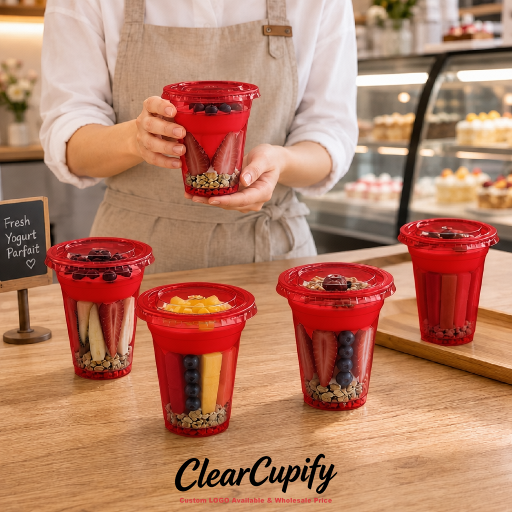 Carmine 12 oz Disposable Plastic Parfait Cups with Insert & Flat lids 3.85 x 2.1 x 4 inches