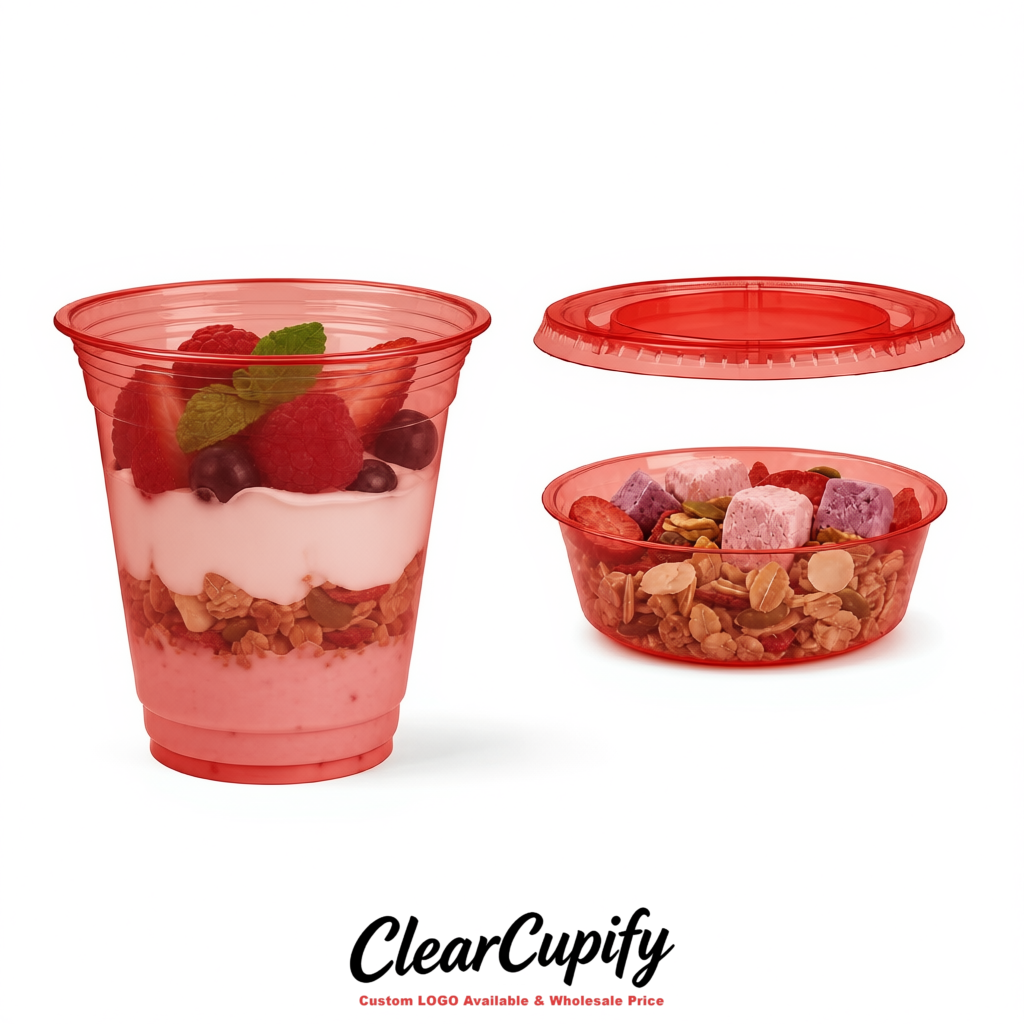 Carmine 12 oz Disposable Plastic Parfait Cups with Insert & Flat lids 3.85 x 2.1 x 4 inches